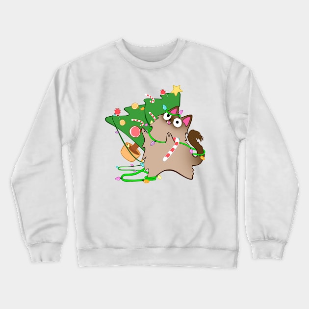 Christmas Zoomies Himalayan Cat Knocks Over Tree funny kitty kawaii Crewneck Sweatshirt by BluVelvet